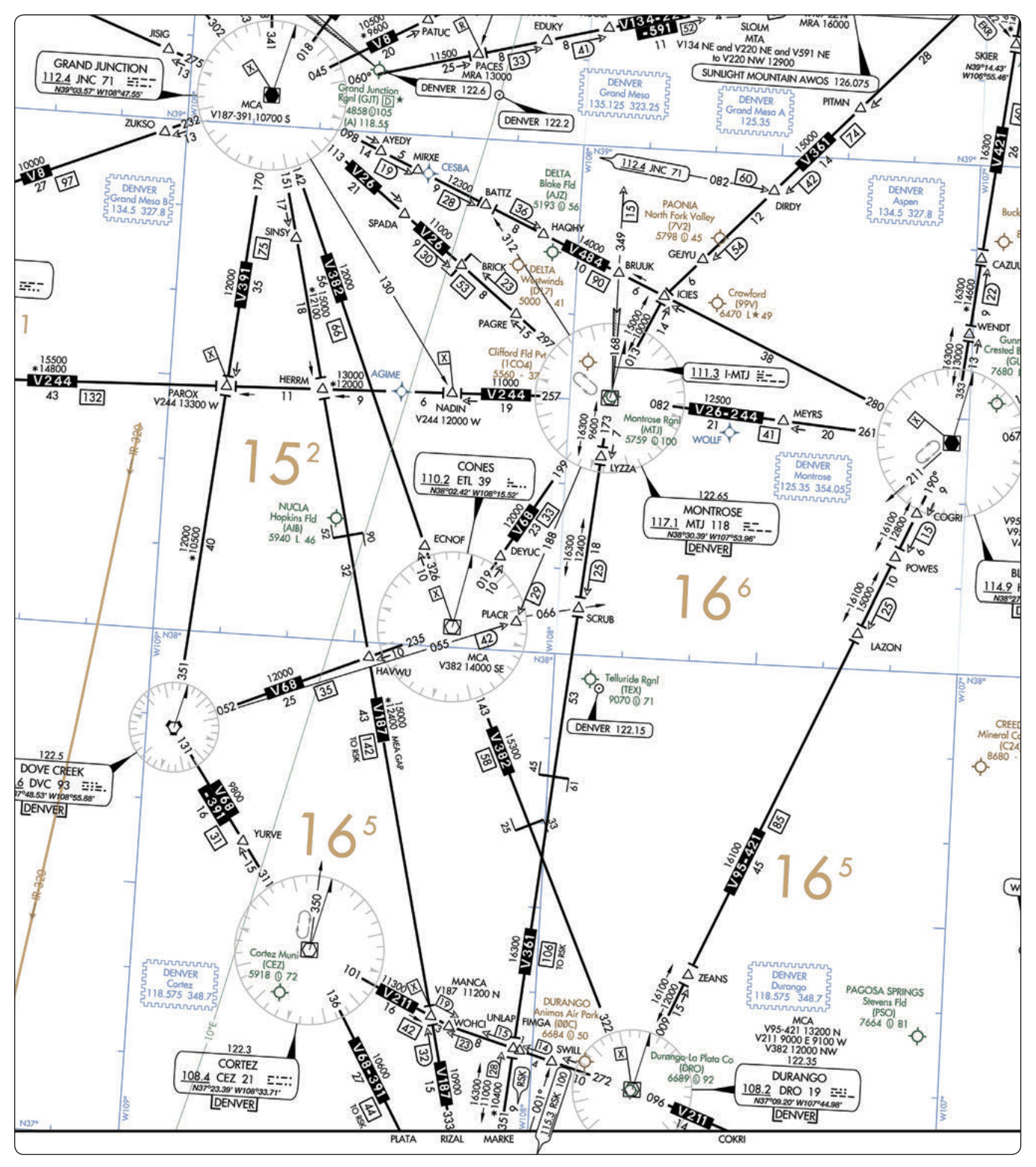 Excerpt of an FAA IFR en route low altitude chart showing a Victor airway segment with its identifying number and connecting NAVAIDs